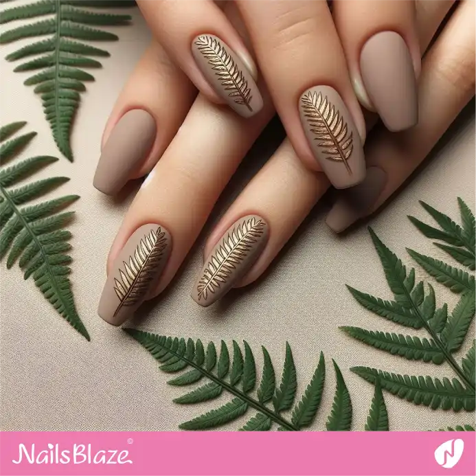Gold Fern Leaves Nail Design | Nature-inspired Nails - NB1549